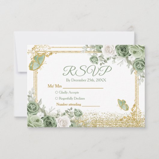 Gouden Quinceañera Sage Green Crown RSVP-kaart Bedankkaart (Voorkant)
