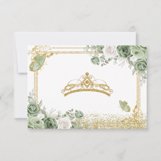 Gouden Quinceañera Sage Green Crown RSVP-kaart Bedankkaart (Achterkant)