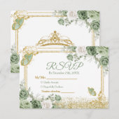 Gouden Quinceañera Sage Green Crown RSVP-kaart Bedankkaart (Voorkant / Achterkant)