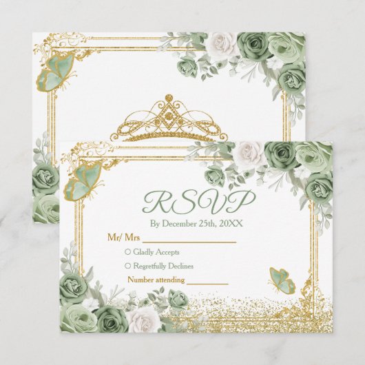 Gouden Quinceañera Sage Green Crown RSVP-kaart Bedankkaart (Voorkant / Achterkant)