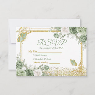 Gouden Quinceañera Sage Green Crown RSVP-kaart Bedankkaart