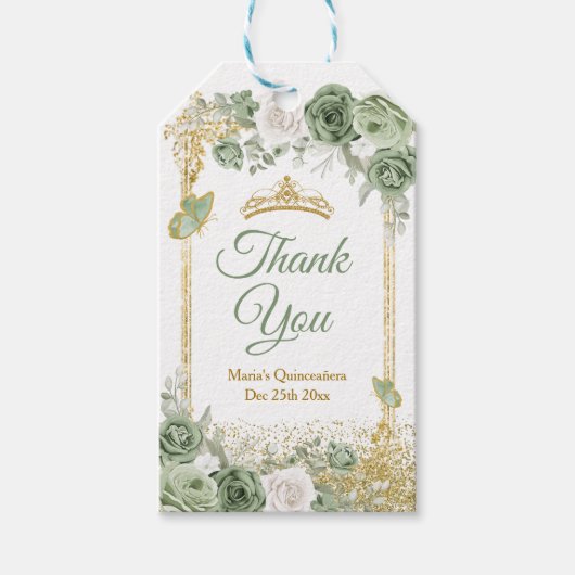 Gouden Quinceañera Sage Groene Kroon Dank u Cadeaulabel (Voorkant)