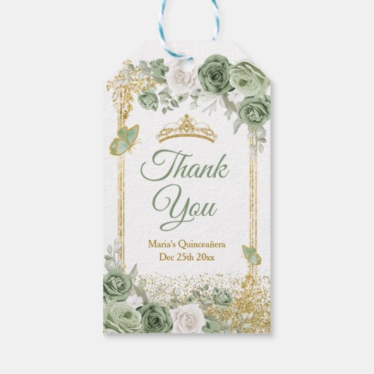 Gouden Quinceañera Sage Groene Kroon Dank u Cadeaulabel (Achterkant)