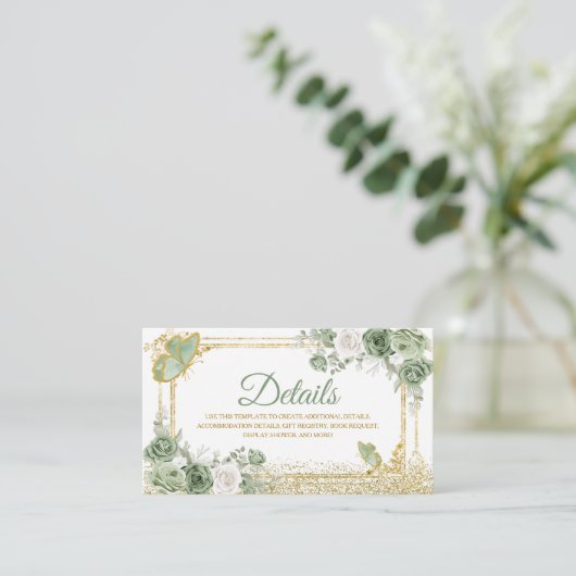 Gouden Quinceañera Sage Groene Kroon Vlinder Detai Informatiekaartje (Staand voorkant)