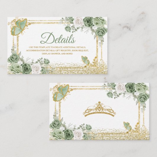 Gouden Quinceañera Sage Groene Kroon Vlinder Detai Informatiekaartje (Voorkant / Achterkant)