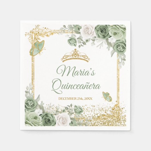 Gouden Quinceañera Sage Groene Kroon Vlinderpapier Servet (Voorkant)