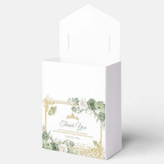 Gouden Quinceañera Sage Groene Kroonvlinder Bedankdoosjes (Geopend)