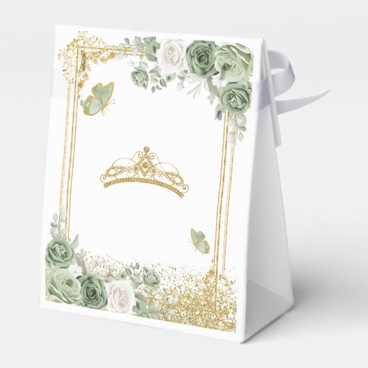 Gouden Quinceañera Sage Groene Kroonvlinder Bedankdoosjes (Achterkant)