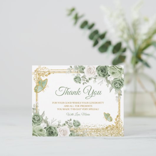 Gouden Quinceañera Sage Groene Kroonvlinder Bedankkaart (Staand voorkant)