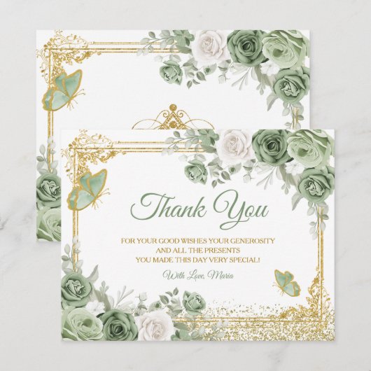 Gouden Quinceañera Sage Groene Kroonvlinder Bedankkaart (Voorkant / Achterkant)