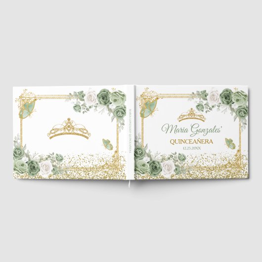 Gouden Quinceañera Sage Groene Kroonvlinder Gastenboek (Volledig)