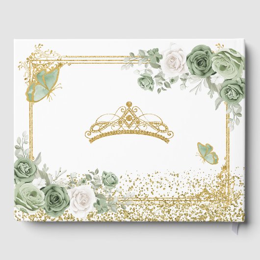 Gouden Quinceañera Sage Groene Kroonvlinder Gastenboek (Achterkant)