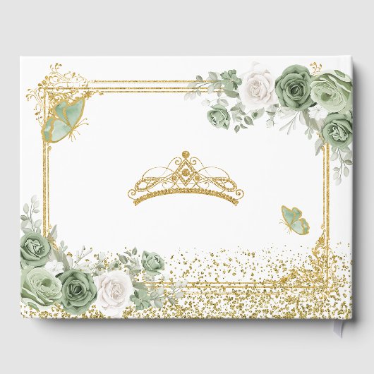 Gouden Quinceañera Sage Groene Kroonvlinder Gastenboek (Achterkant)