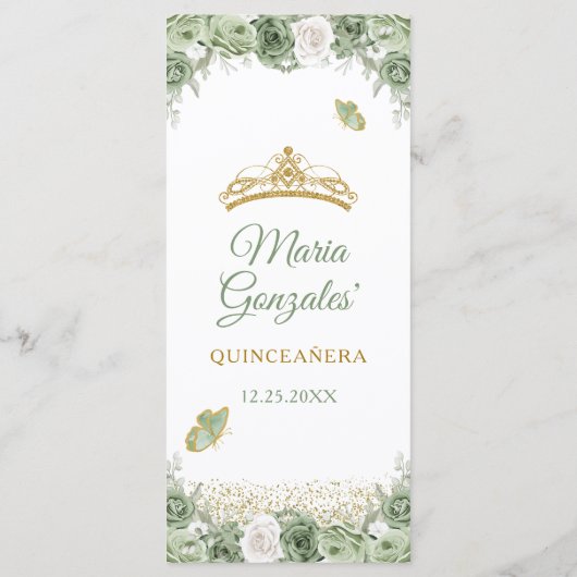 Gouden Quinceañera Sage Groene Kroonvlinder Menu (Achterkant)
