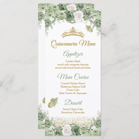 Gouden Quinceañera Sage Groene Kroonvlinder Menu (Voorkant / Achterkant)