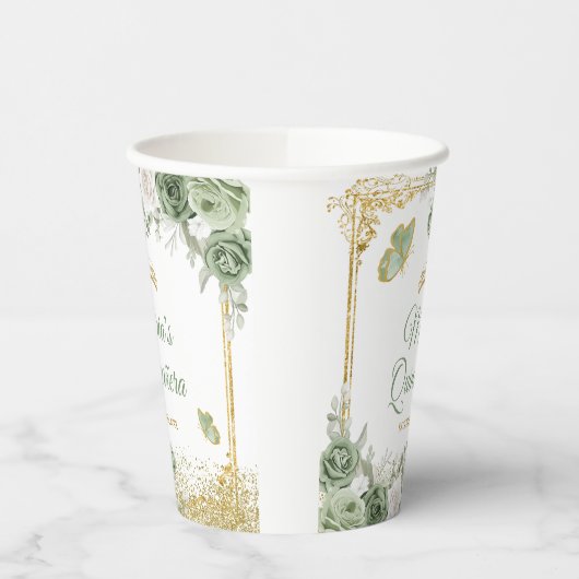 Gouden Quinceañera Sage Groene Kroonvlinder Papieren Bekers (Links)
