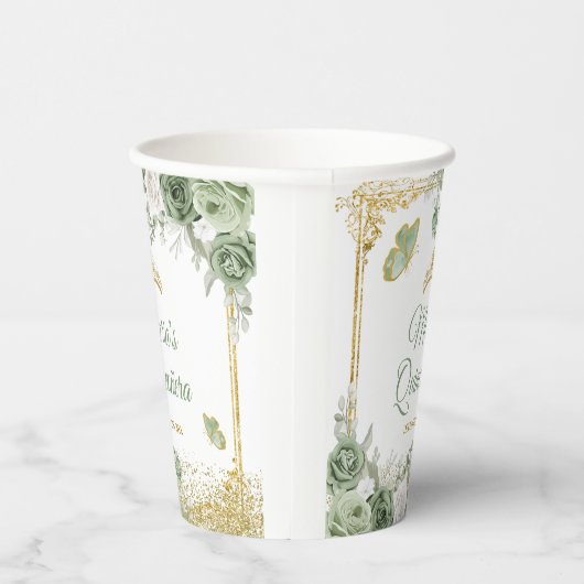 Gouden Quinceañera Sage Groene Kroonvlinder Papieren Bekers (Rechts)