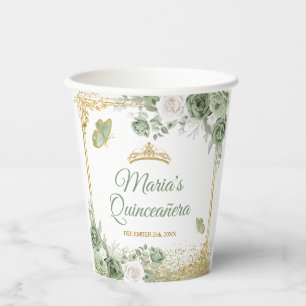 Gouden Quinceañera Sage Groene Kroonvlinder Papieren Bekers