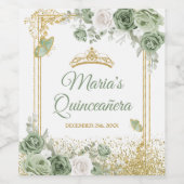 Gouden Quinceañera Sage Groene Kroonvlinder Wijn Etiket (Enkel label)