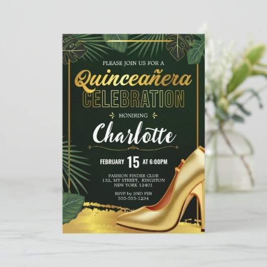 Gouden Quinceanera-viering Smaragdgroen Kaart (Staand voorkant)