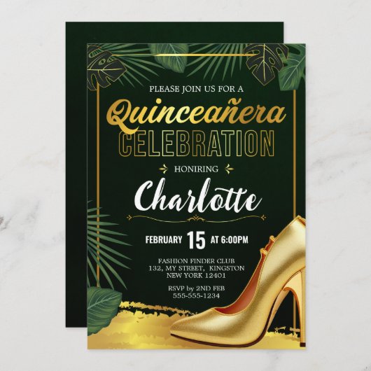 Gouden Quinceanera-viering Smaragdgroen Kaart (Voorkant / Achterkant)