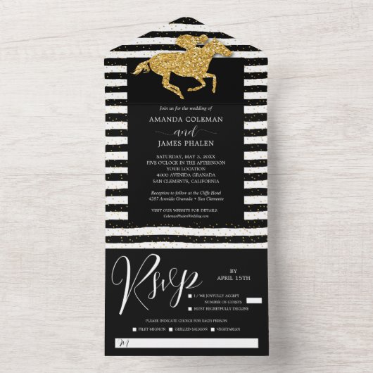 Gouden Racehorse Zwart Witte Strepen Huwelijk All In One Uitnodiging (Binnen)