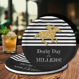 Gouden racepaard op zwart-witte strepen papieren bordje