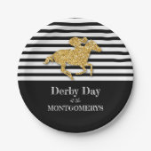 Gouden racepaard op zwart-witte strepen papieren bordje (Voorkant)