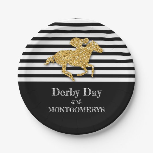 Gouden racepaard op zwart-witte strepen papieren bordje (Voorkant)