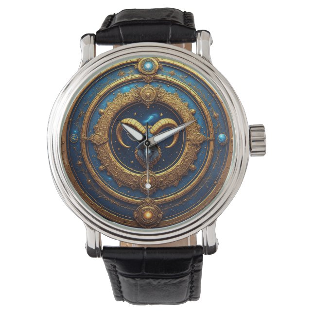 Gouden Ram Zodiac Schild Horloge (Voorkant)