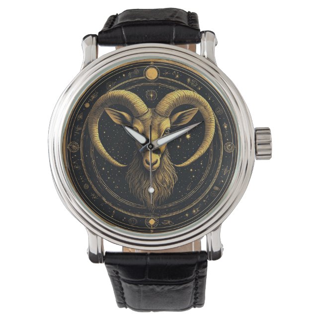 Gouden Ram Zodiac Schild Horloge (Voorkant)