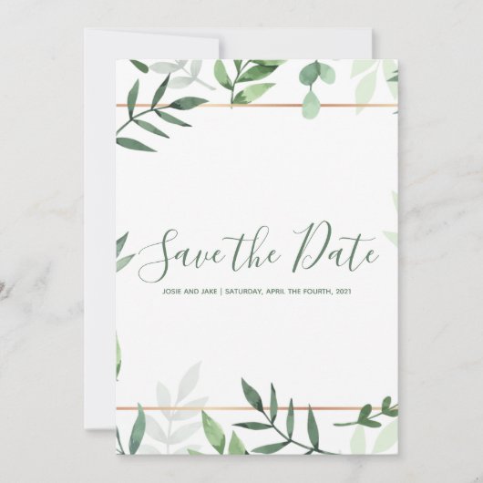 Gouden rand bladgroen save the date card (Voorkant)