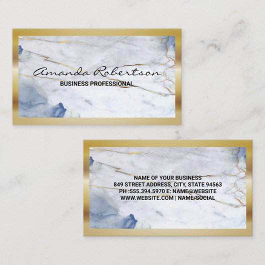 Gouden rand | Blauw marmer Visitekaartje (Voorkant / Achterkant)