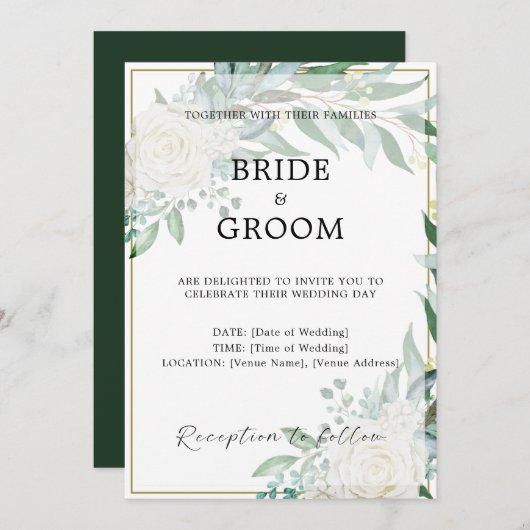 Gouden Rand Bloemen Groen Bruiloft Uitnodiging (Voorkant / Achterkant)