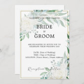 Gouden Rand Bloemen Groen Bruiloft Uitnodiging (Voorkant / Achterkant)