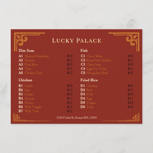Gouden rand Chinees restaurant rood plat menu (Achterkant)
