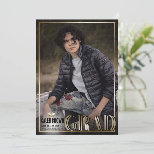 Gouden Rand Duo Grad Afstudeerfoto Aankondiging (Staand voorkant)