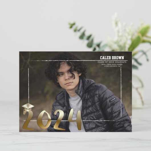 Gouden rand Grads Afstudeer Foto Aankondiging (Staand voorkant)