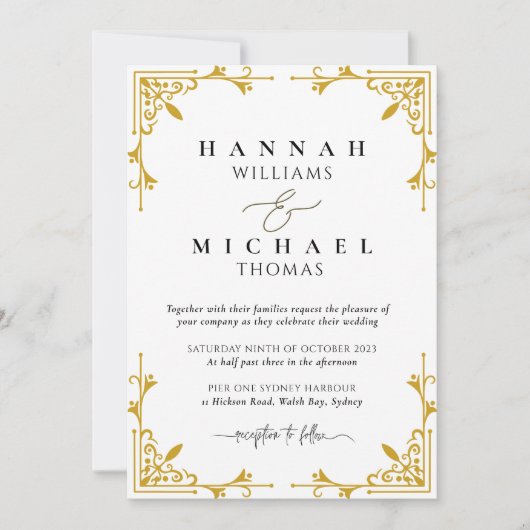 Gouden rand klassieke monogram bruiloft uitnodigin kaart (Voorkant)