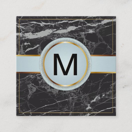 Gouden rand luxe monogram zwart marmer vierkante visitekaartje (Voorkant)