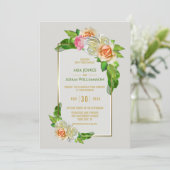 Gouden Rand Roos Bloemen Bruiloft Kaart (Staand voorkant)