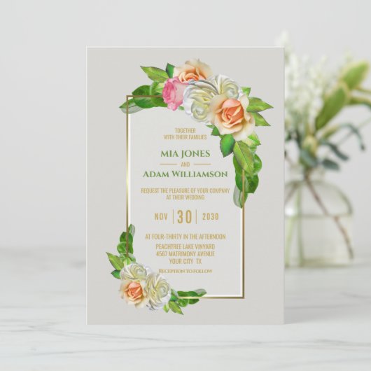 Gouden Rand Roos Bloemen Bruiloft Kaart (Staand voorkant)