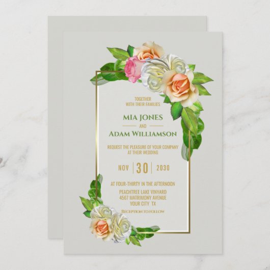 Gouden Rand Roos Bloemen Bruiloft Kaart (Voorkant / Achterkant)