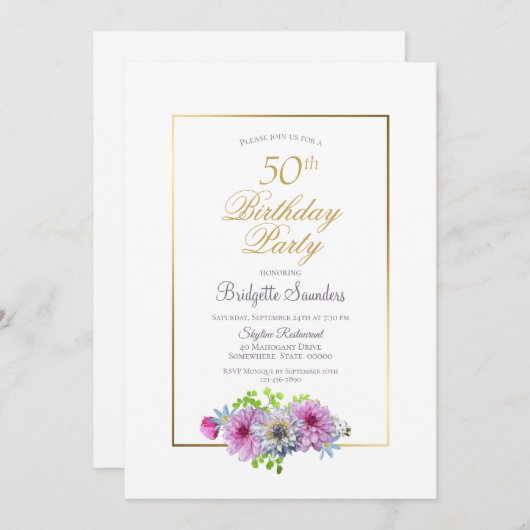 Gouden rand roze bloem 50ste verjaardagsfeest kaart (Voorkant / Achterkant)