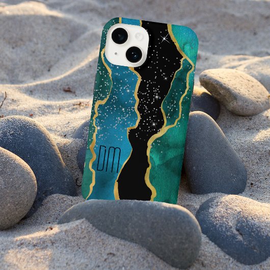 Gouden rand Teal Agate Glitter Monogram iPhone Hoesje