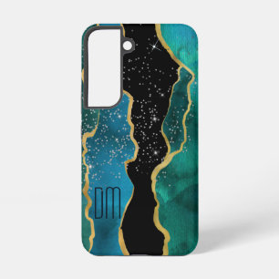 Gouden rand Teal Agate Glitter Monogram Samsung Galaxy Hoesje