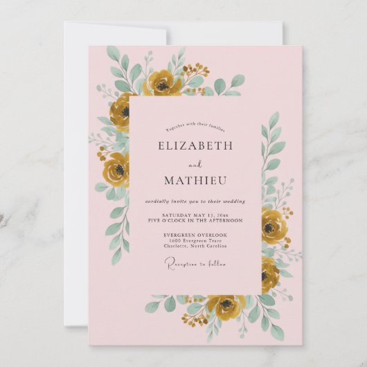 Gouden Ranunculus Roze Eucalyptus Bruiloft Kaart (Voorkant)