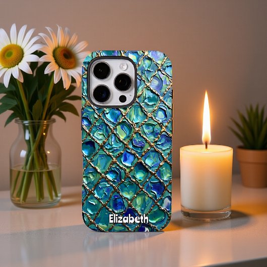 Gouden raster op blauwe mozaïek achtergrond Case-Mate iPhone case