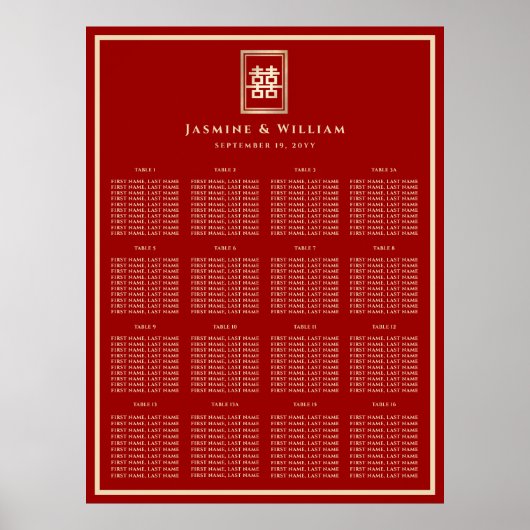 Gouden Rechthoek 囍 Chinese Huwelijk Rode Zitplaats Poster (Voorkant)