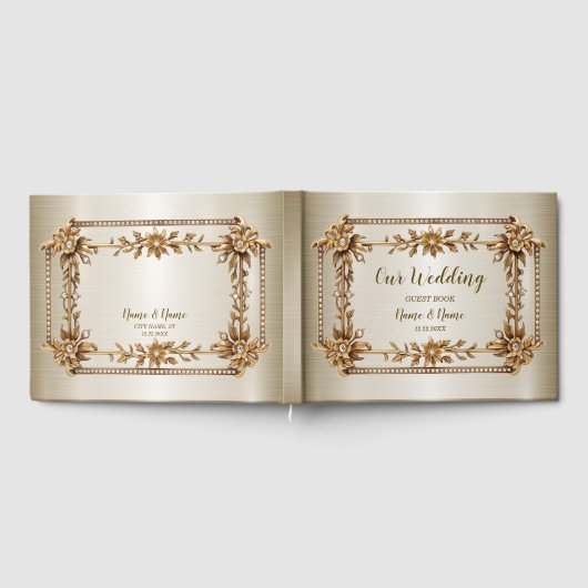 Gouden  Rechthoek Dimond Flowers Shiny Elegant Gastenboek (Volledig)